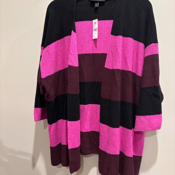 Lane Bryant Fuchsia & Black open front striped sweater 3/4 sleeves, sz 26/28 - Picture 1 of 6